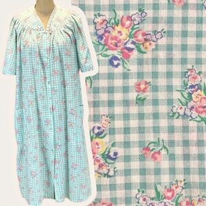 VINTAGE cottage dressing house gown picnic gingham check‎ flowers snap front 80s
